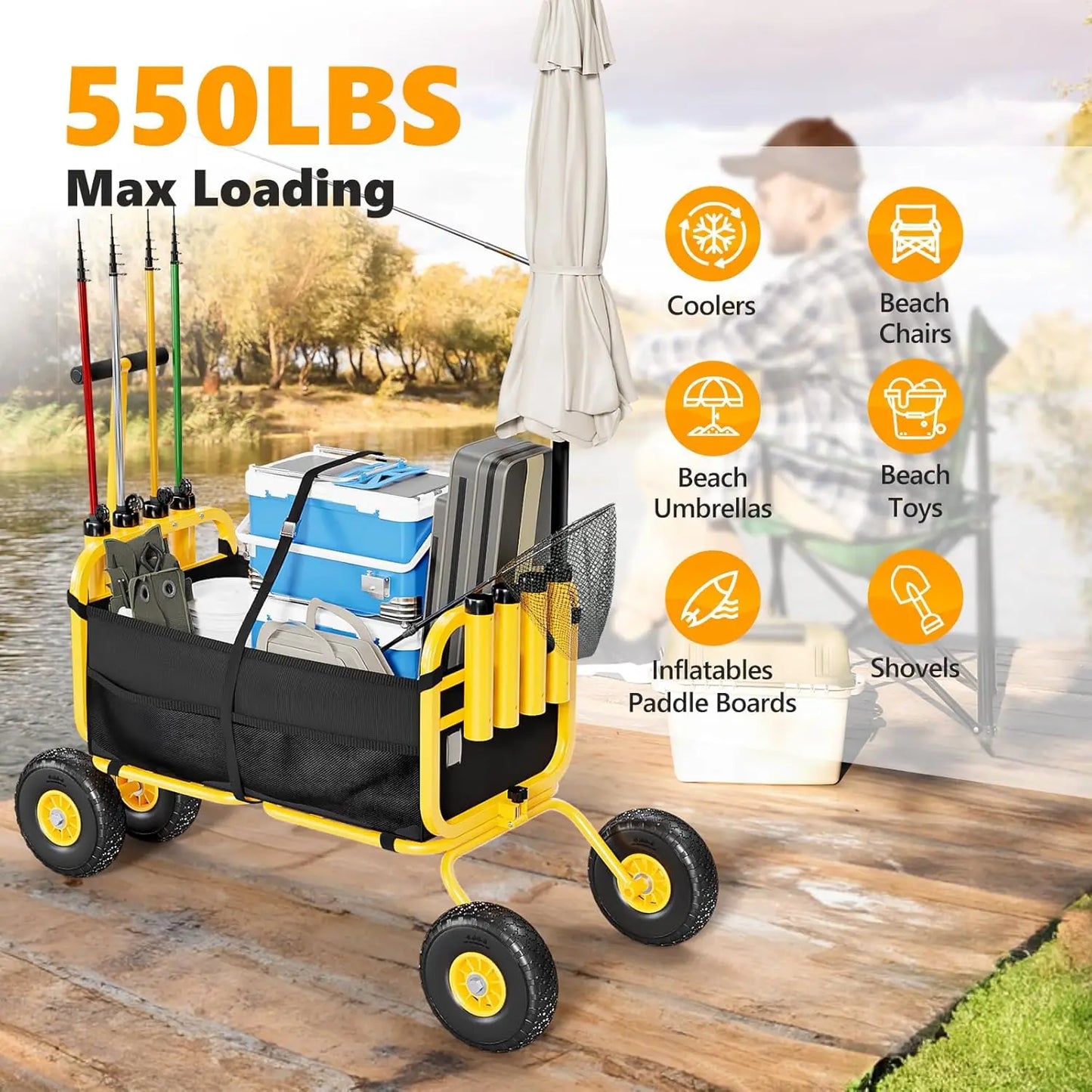 Foldable Fishing Wagon with 11" Airless Tires