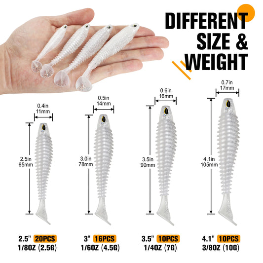 Paddle Tail Swimbaits 10/16/20PCS Fishing Lures Soft Plastic Lures for Trout Crappie Walleye Soft Baits for Bass Fishing (White)