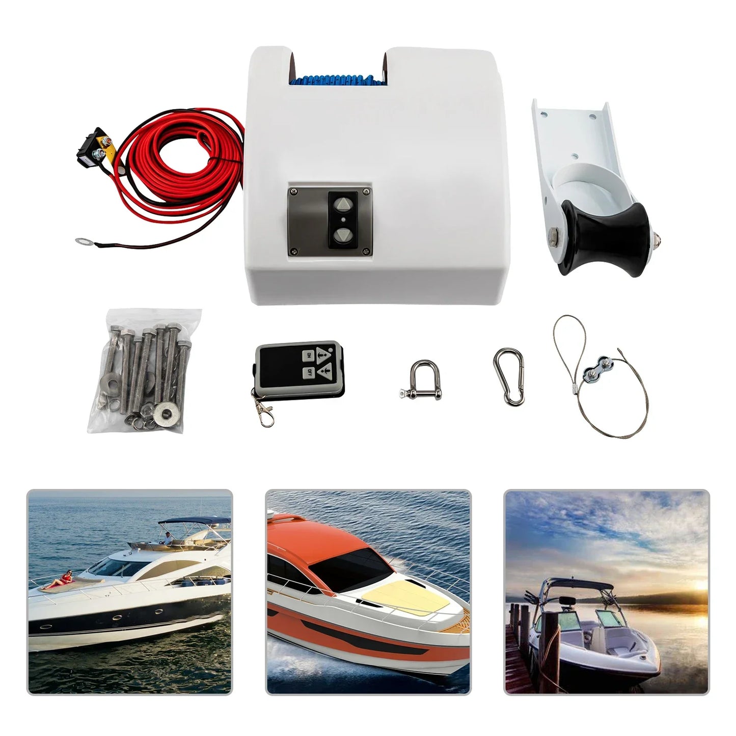 12V 45LBS Electric Boat Anchor Winch With Remote         Wireless Controller Corrosion resistant Boat Anchor Wench White