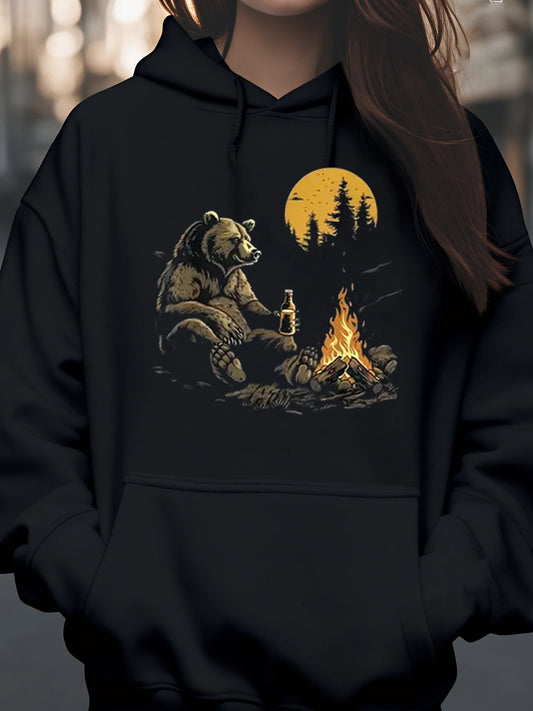 Bear Campfire Moon Print Hoodie