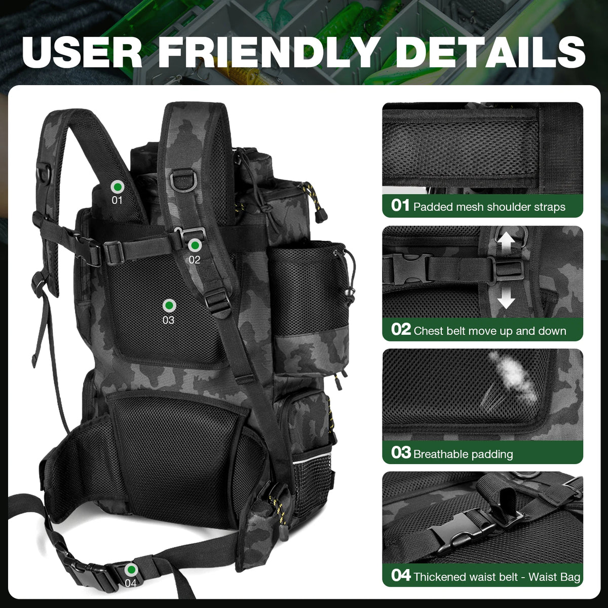 43L Fishing Backpack with 4×3600 Tackle Boxes & Rod Holder