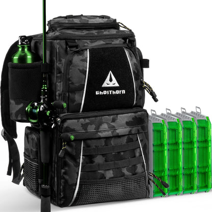 43L Fishing Backpack with 4×3600 Tackle Boxes & Rod Holder