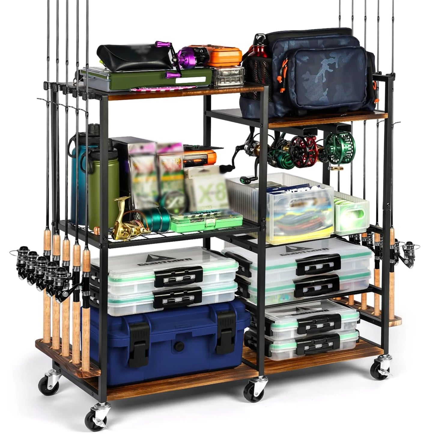 Garage Fishing Pole Rack Containers Included, up to 10 Rods Tackle Box Reel Storage Fishing Rod Rack