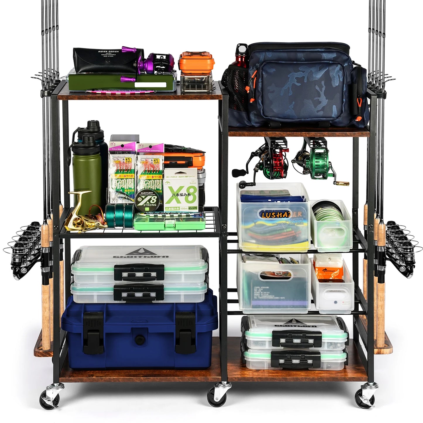 Garage Fishing Pole Rack Containers Included, up to 10 Rods Tackle Box Reel Storage Fishing Rod Rack