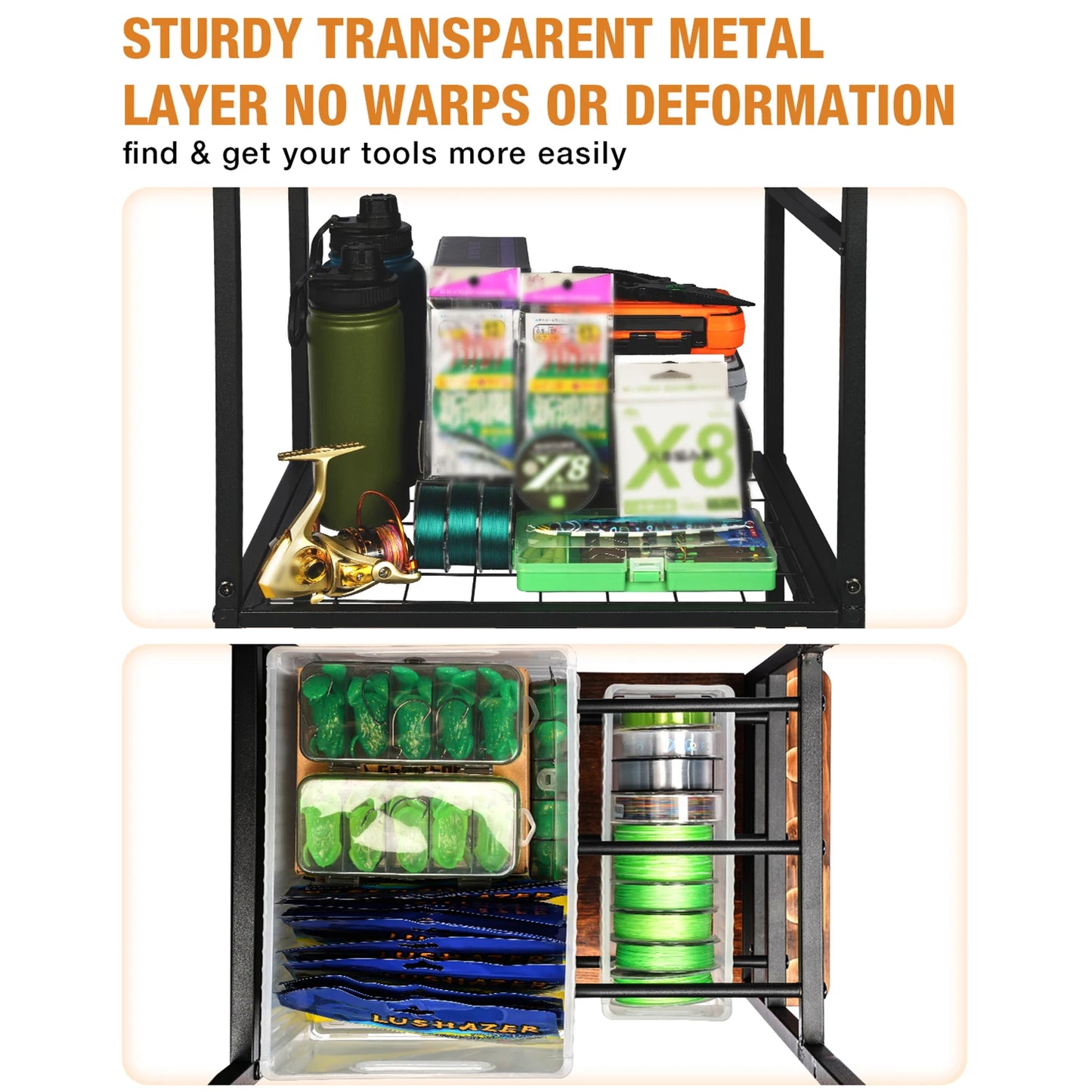 Garage Fishing Pole Rack Containers Included, up to 10 Rods Tackle Box Reel Storage Fishing Rod Rack