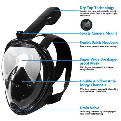 Full Face Snorkel Mask for Adults and Teens      , Removable View Snorkeling Masks, Safe Breathing Anti-Fog Anti-Leak Snorkling Set for Man