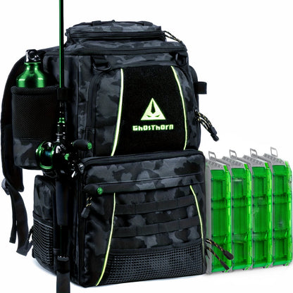 43L Fishing Backpack with 4×3600 Tackle Boxes & Rod Holder