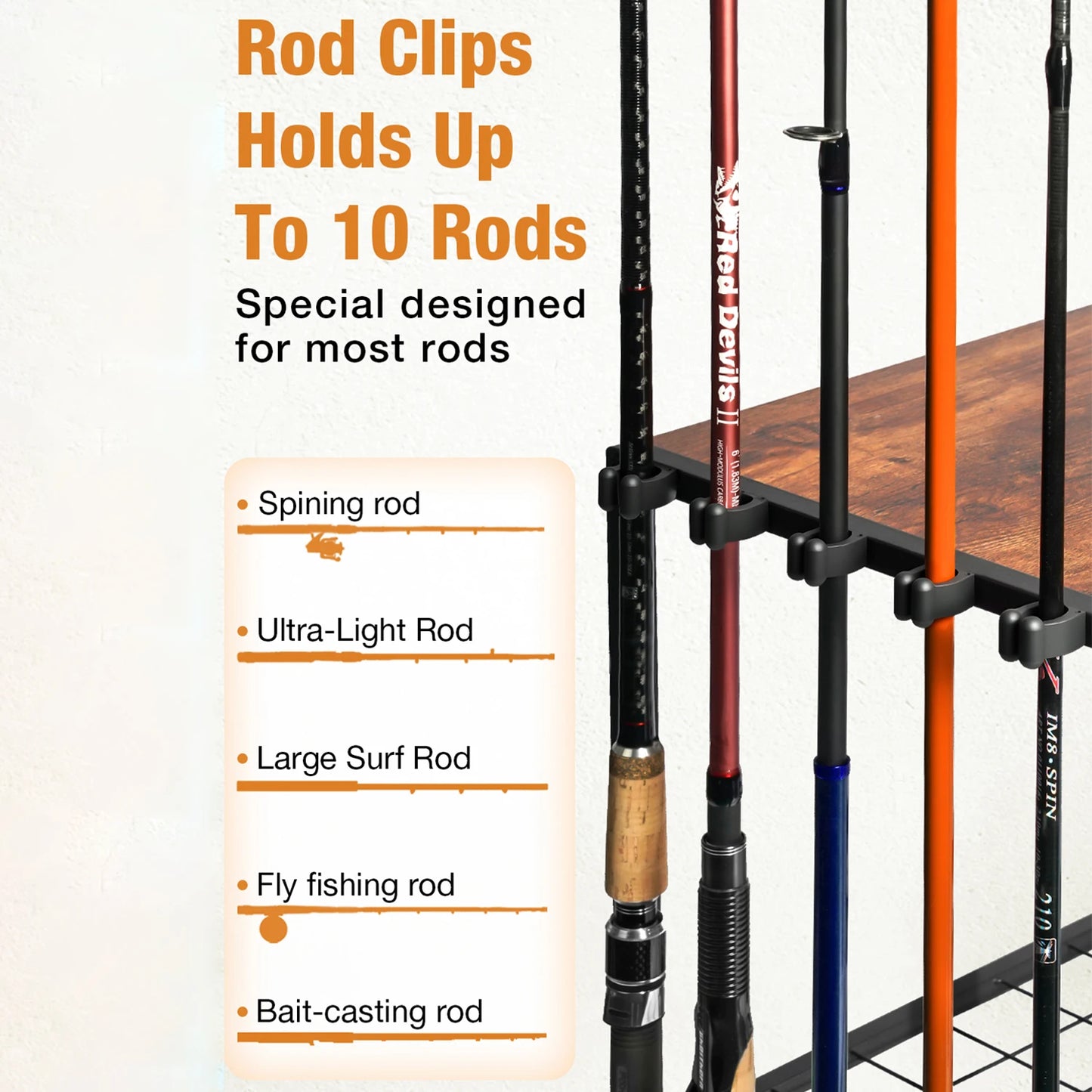 Garage Fishing Pole Rack Containers Included, up to 10 Rods Tackle Box Reel Storage Fishing Rod Rack