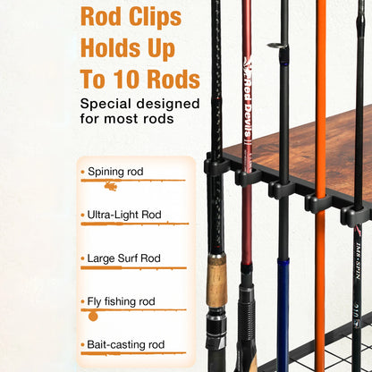 Garage Fishing Pole Rack Containers Included, up to 10 Rods Tackle Box Reel Storage Fishing Rod Rack